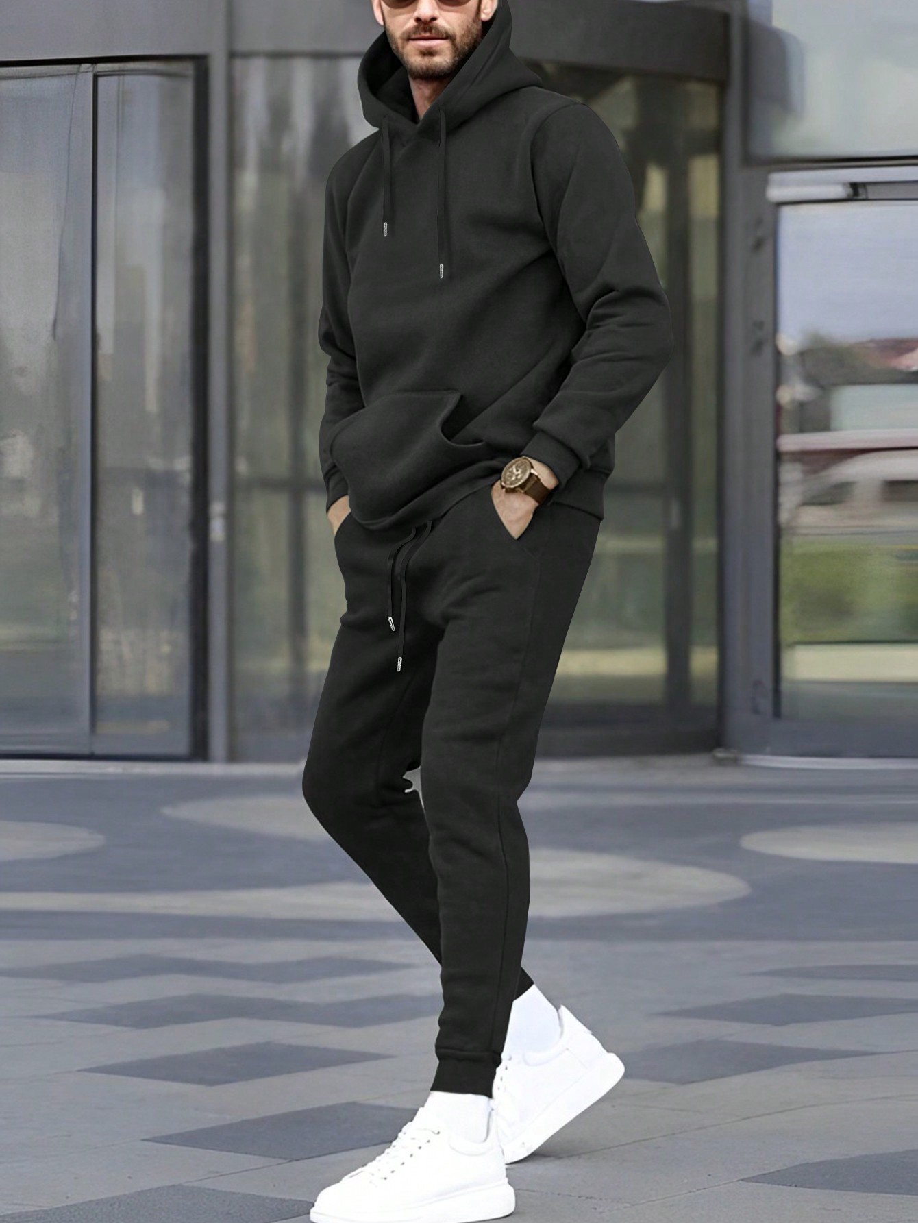 Manfinity Dauomo 2pcs Men's Basic Solid Color Kangaroo Pocket Drawstring Hoodie And Sweatpants Set, Spring Autumn