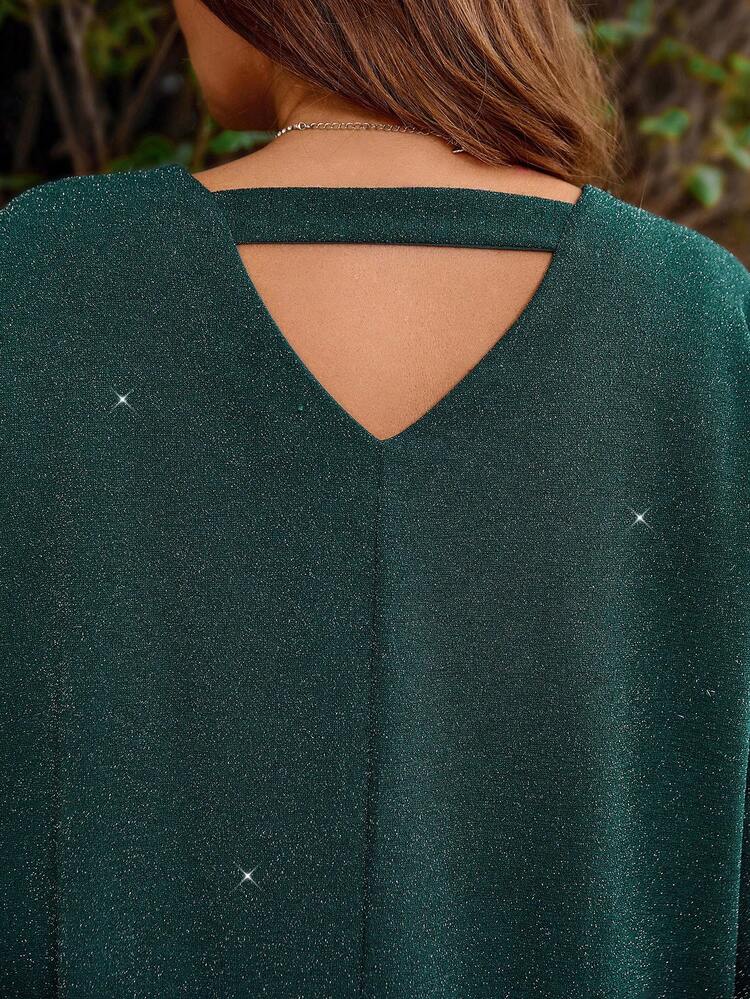Plus Size Women V-Neck Long Sleeve Dark Green Party T-Shirt, Winter Women Clothes