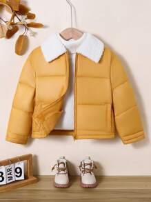 Chaqueta casual gruesa y cálida con cuello esponjoso de parches de unicolor tejido, para niña