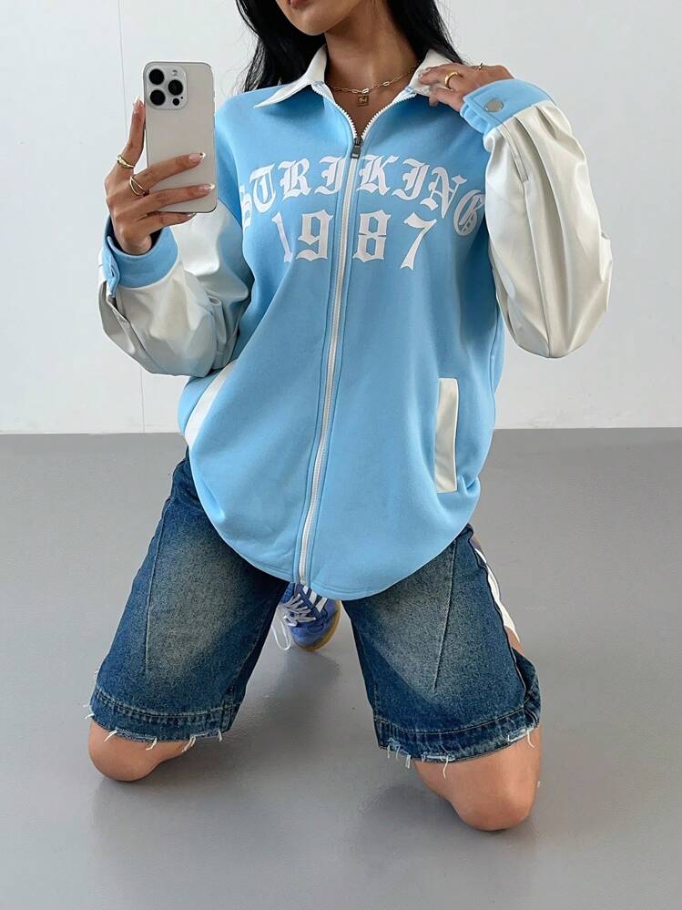 SHEIN SXY 休闲与街头风格蓝色和白色拼色摩托车常规女式夹克，秋冬 - 彩色 - 查看 5