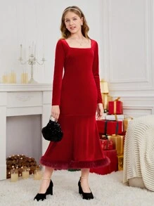 SHEIN Teengirl Velvet Material Waist Cinched Long Dress, Feather Decor Dress, Party Dress, Christmas Dress, Thanksgiving Dress, Halloween Dress, Back To School - Burgundy - View 7