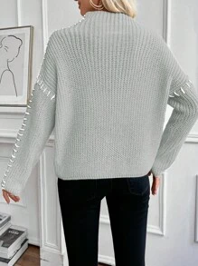 SHEIN LUNE 新款半高领宽松长袖套头毛衣，秋冬休闲针织衫 - 灰色 - 查看 2