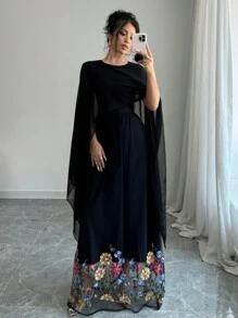 Chiquease Váy dạ hội thanh lịch khăn choàng lưới thêu - màu đen - Xem 4