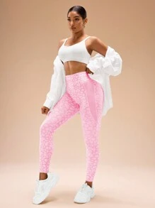 Gameset SHEIN Sport 女士豹纹高腰简约紧身裤，休闲日常瑜伽裤 - 彩色 - 查看 4