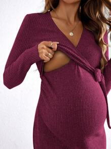 SHEIN Maternity Solid Color V-Neck Long Sleeve Simple Casual Dress