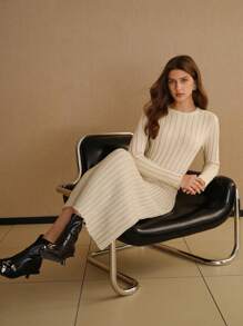 MOTF STUDIO 纯色罗纹针织毛衣 & 针织裙套装 - 杏色 - 查看 2