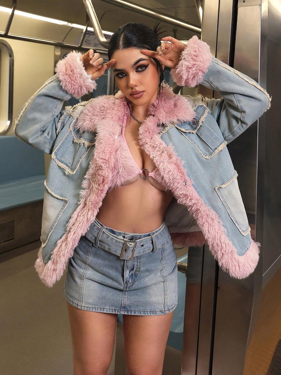 SHEIN EZwear 女士蓬松拼布口袋休闲长袖牛仔夹克保暖加厚牛仔布 - 藍色 - 查看 1