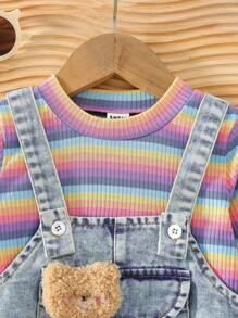 Baby Girl Colorful Stripe Top & Denim Pinafore Dress Set, Autumn/Winter - Multicolor - View 4