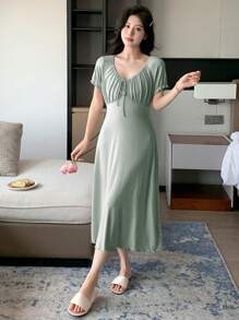 DAZY Drawstring Scoop Neck Ruffle Hem Waist Cinching Nightgown - Green - View 5