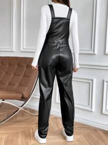 SHEIN 1pc Casual Maternity Long Jumpsuit, Solid Colored Fitted With Black Leather Suspenders Design For Adjustable - Black - View 2