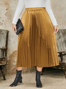 Plus Size Elastic Waist Pleated A-Line Skirt, Casual Everyday Wear, Autumn Fall Cloth For Women - Gold - View 7
