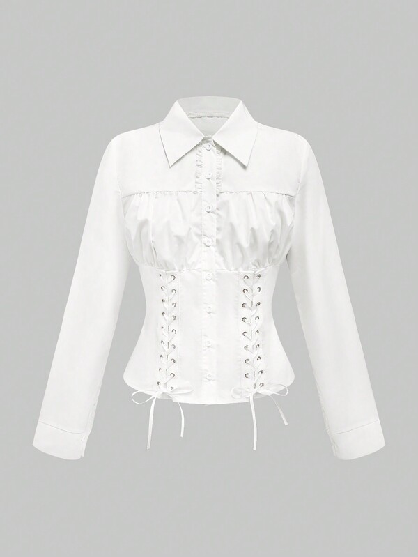 ROMWE Fairycore تشيرت طويل الأكمام سبور ياقة مربوطة الوسط على الطراز القديم للنساء