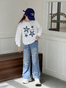 2pcs Set Tween Girl Printed Sweatshirt & Straight Leg Jeans - White - View 1