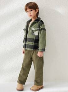 Blossori 小男孩格子落肩宽松泰迪毛边口袋夹克，秋冬 - 綠色 - 查看 3