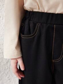 Blossori Young Girl Pockets Elastic Waist Straight Leg Loose Casual Pants - Black - View 6