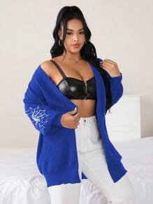 Flirla Pull ample et ample pour femmes grande taille, manches de lanterne d'Halloween avec broderie d'araignée, design Top de gamme, cardigan extérieur unicolore