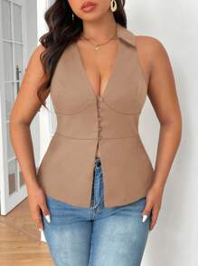 SHEIN Frenchy 大码黑色亚麻面料 V 领衬衫 纽扣开衩 简约时尚 适合婚宴 日常通勤 休闲修身无袖背心 法式风 老款 - 卡其色 - 查看 3