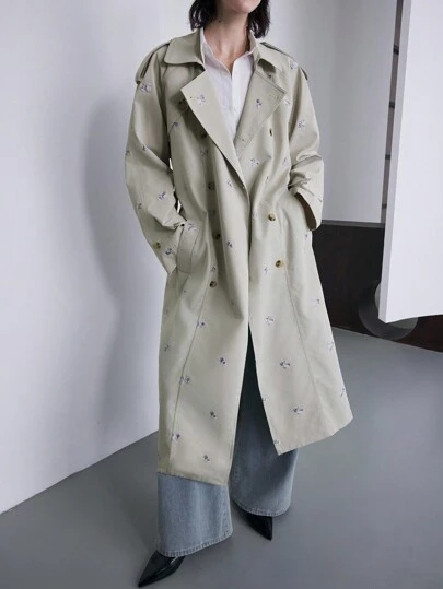 Ontre 2025 New Spring Embroidered Floral Light Khaki Trench Coat For Women, Mid-Length Winter Women Outwear