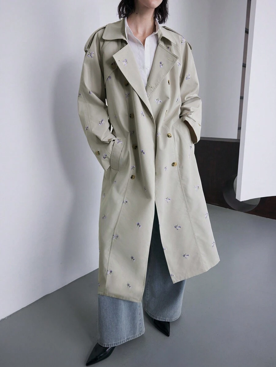 Ontre 2025 新款春季刺绣花卉浅卡其色女式风衣，中长款冬季女式外套