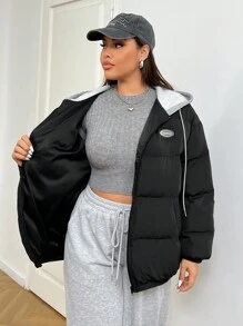 SHEIN EZwear Plus Size Women Casual Letter Decor Zipper Front Draw String Contrast Color Hooded Padded Coat, Winter