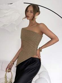 Chiquease 1 pièce Top moulant en tricot à ourlet asymétrique unicolore pour femme - Taupe - Voir 5