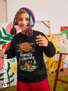 Áo nỉ in chữ và núi thường ngày cho bé trai tuổi mới lớn, Thu/Đông - màu đen - Xem 10