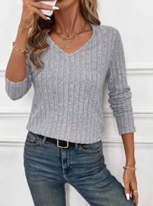 SHEIN Frenchy Women Casual Patchwork Ribbed Lace Long Sleeve T-Shirt For Autumn