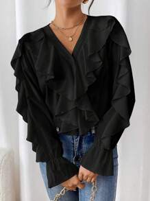 SHEIN Clasi Women Autumn Elegant Solid Color Ruffle Trim Collar & Cuff Blouse Fall Cloth For Women - Black - View 4