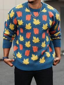 Manfinity Homme Plus Size Men's Fall Casual Loose Fit Maple Leaf Pattern Drop Shoulder Sweater