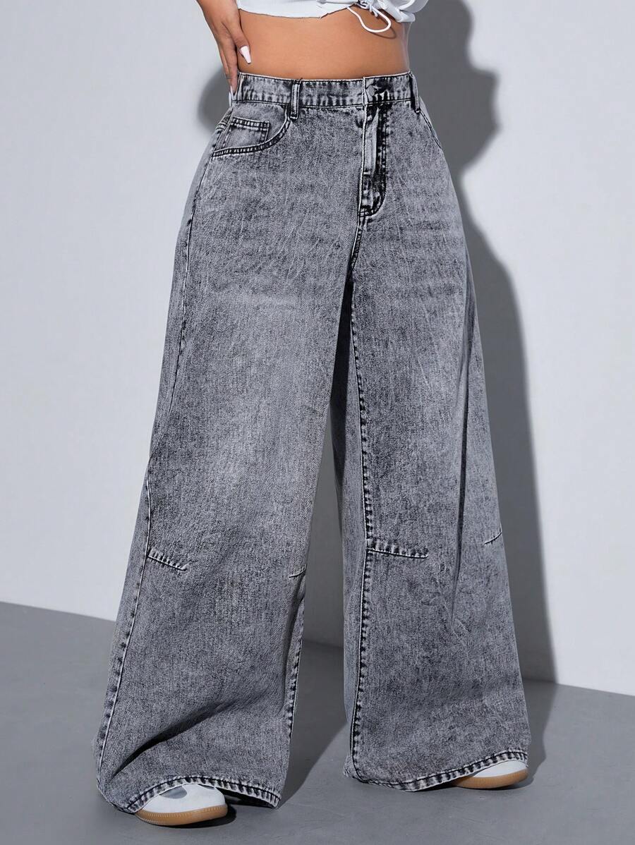 SHEIN ICON 大码女式口袋装饰宽腿宽松休闲男友风牛仔裤 - 深灰色 - 查看 1