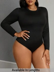 SHEIN PETITE CURVE Plus Fall Simple Solid Slim Fit Tee Bodysuit - Black - View 1