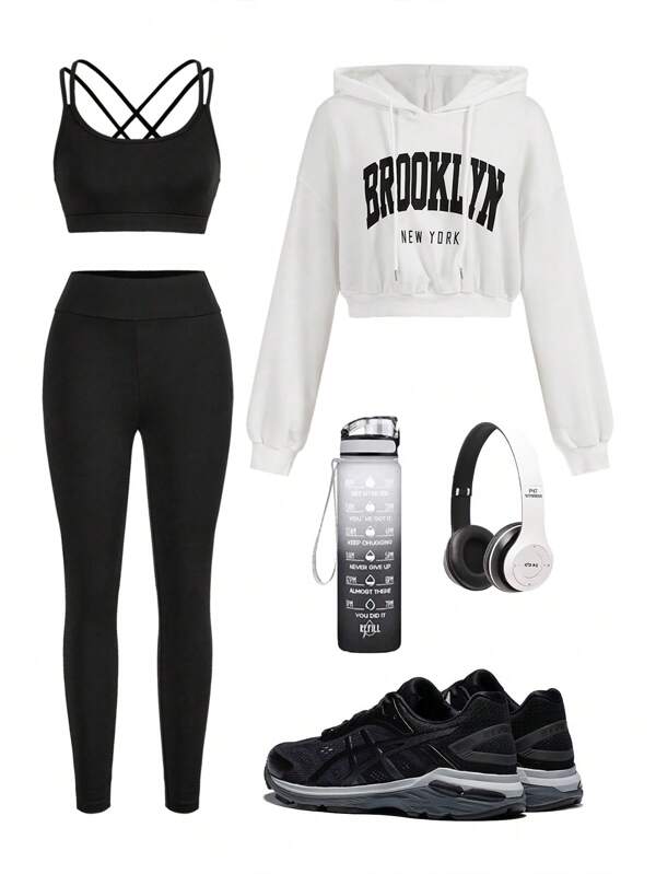 Easithlete Letter Print Hoodie & Solid Color Camisole Top & Leggings Sports Gym Setwomen Workout Set Women Leggings Set