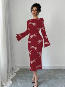Selianne 女士豹纹圆领长袖修身毛衣裙 - 酒紅色 - 查看 3
