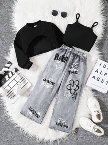 SHEIN Leap Crew SLAYR Young Girl Young Girl 3 件套宽松酷炫街头风格牛仔效果印花裤、紧身背心和短款运动衫，时尚，秋冬季，非常适合休闲和日常穿着和学校日常，酷炫街头女孩，Y2K 女孩 - 彩色 - 查看 2
