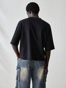 SWAVVY Men Fashion Casual Fashion Urban English Letter Text Graphic Print Loose Fit Short Sleeve T-Shirt, Boxy Tee, For Friends, Summer - Black - View 2