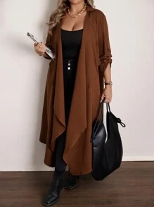 Flirla Plus Size Casual Waterfall Collar Long Coat - Brown - View 3