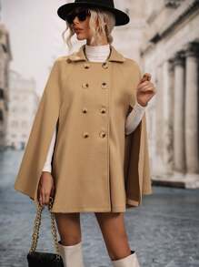 SHEIN Clasi Elegant Solid Color Double-Breasted Cape Overcoat, Autumn/Winter - Khaki - View 6