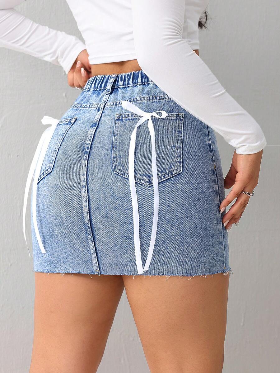 SHEIN Tall 女士牛仔裙迷你蝴蝶结休闲蓝色迷你裙浅蓝色裙子迷你裙 - 淺色水洗藍 - 查看 1
