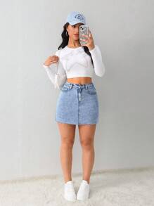 SHEIN Tall 女士牛仔裙迷你蝴蝶结休闲蓝色迷你裙浅蓝色裙子迷你裙 - 淺色水洗藍 - 查看 4