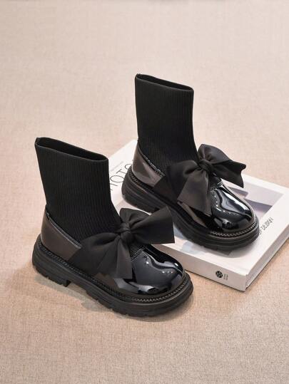 1 pereche de cizme negre confortabile pentru copii, pantofi pentru fete la modă, pantofi în stil școlar din piele lăcuită, potriviti pentru toamnă și iarnă