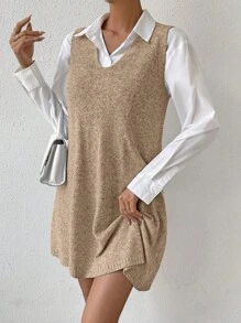 SHEIN Unity 女士纯色 V 领休闲宽松无袖毛衣连衣裙，适合秋季 - 卡其色 - 查看 3