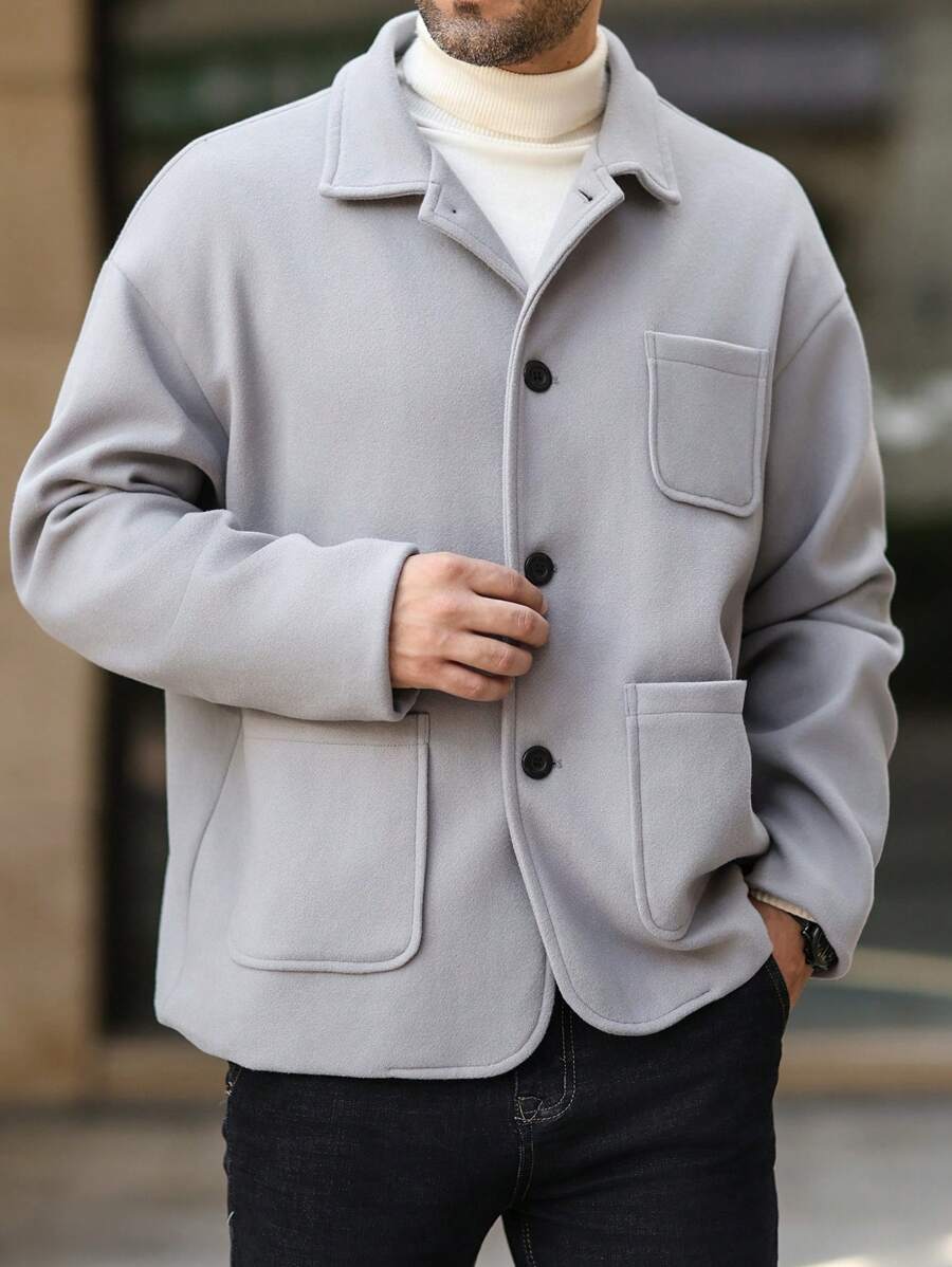 Manfinity Homme 男士纯色前开襟纽扣口袋休闲长袖夹克,浅灰色轻薄正式外套,适合外出穿着,可作为朋友、丈夫、男友的礼物,秋季款 - 灰色 - 查看 1