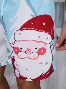 Manfinity Swimmode Pantalones cortos de playa con cordón en la cintura, bolsillos laterales y estampado de Papá Noel y copos de nieve para hombre, verano
