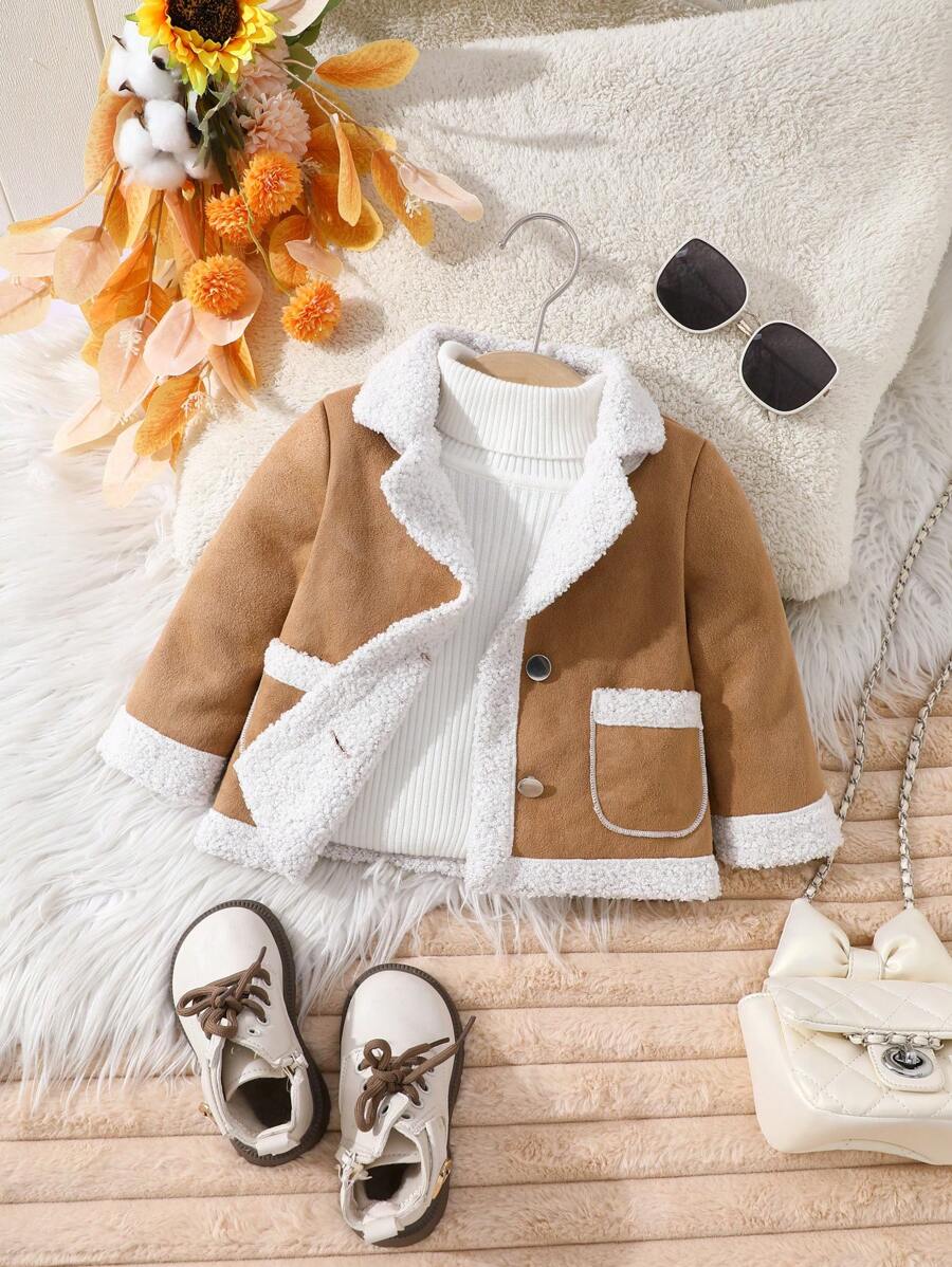 女婴毛绒拼布前扣口袋长袖休闲夹克 - 棕色 - 查看 1