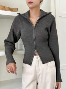 DAZY Solid Color Zip-Up Collar Casual Business Ladies Cardigan,Long Sleeve Tops,Fall Clothes Jacket - Dark Grey - View 4