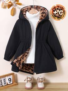 Young Girl Woven Leopard Print Hooded Plush Fitted Waist Jacket,In Fall/Winter - Black - View 1