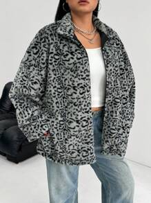SHEIN EZwear 大码女式豹纹毛绒夹克，适合秋冬季 - 灰色 - 查看 4