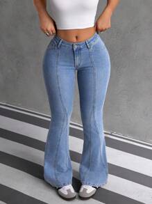 SHEIN EZwear 女式口袋喇叭休闲百搭牛仔裤 - 藍色 - 查看 5