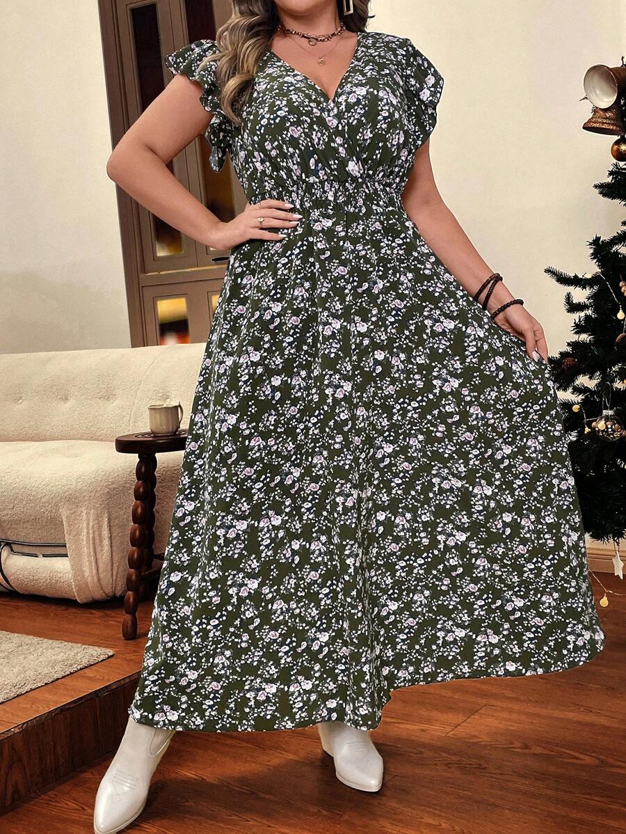 SHEIN VCAY Váy mùa hè tay cánh bướm họa tiết hoa nhỏ xinh - xanh quân đội - Xem 1