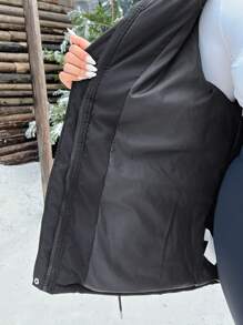 SHEIN EZwear 大码休闲抽绳腰部拉链冬季外套，冬季女装 - 黑色 - 查看 7